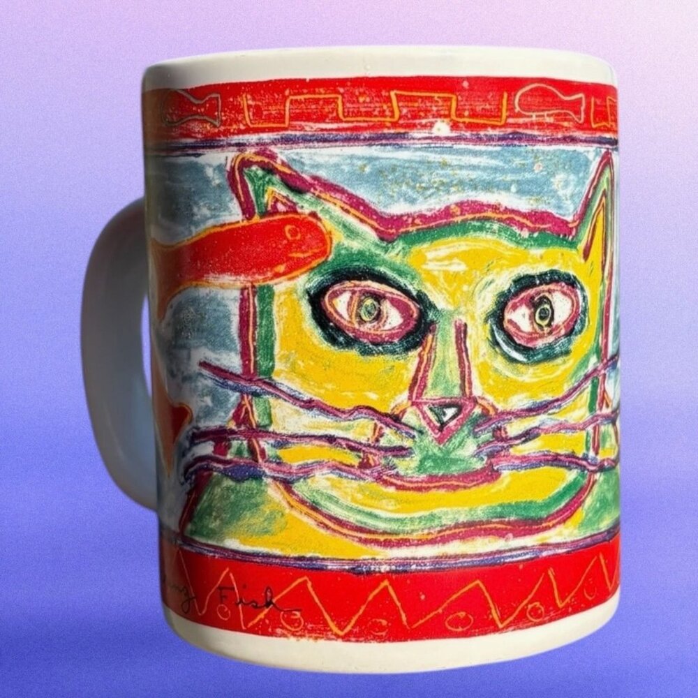 Chaleur Dan May Abstract Folk Painting Cat Watching Fish Coffee Mug